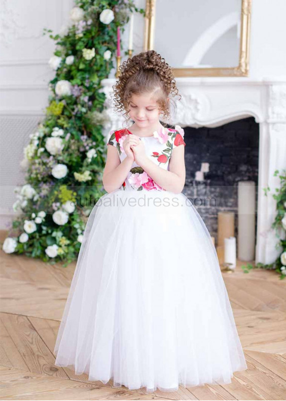 Cap Sleeves Floral Satin Tulle Flower Girl Dress